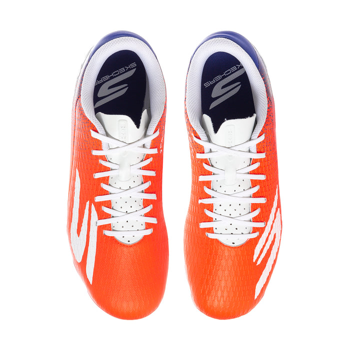 Front view of orange men's soccer cleats with white laces and blue collar