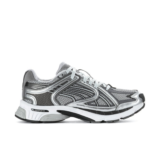 Women's PUMA running shoes, silver and dark gray with white midsoles
