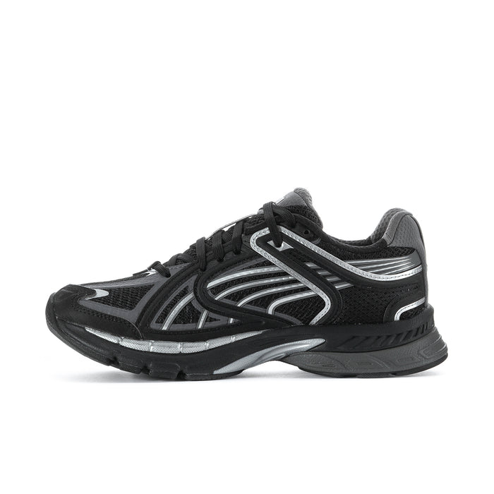 Women's black running shoes with silver side stripes and lace-up sporty design