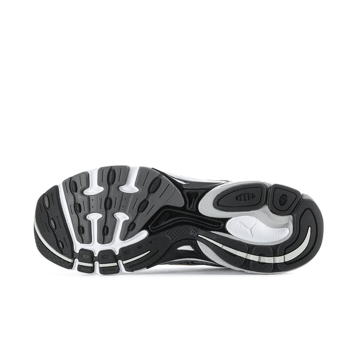 Women's PUMA running shoe outsole, black tread with gray traction panels