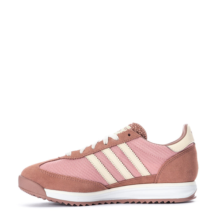 Youth adidas low-top sneakers, mauve-pink knit with white three stripes and tan suede toe