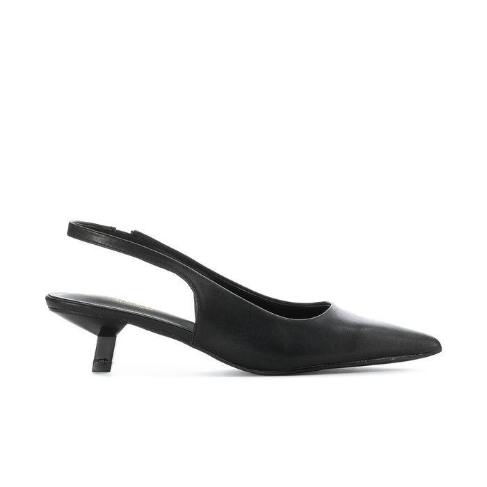 Women's black slingback pump with pointed toe and low block heel