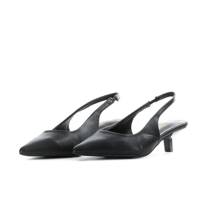 Women's black slingback pumps, side view with slim strap and low heel