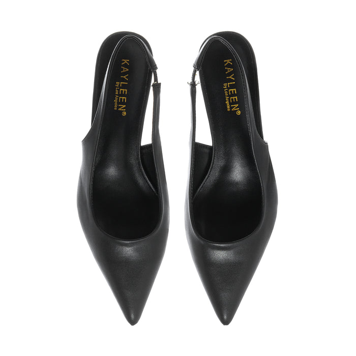 Women's black slingback pumps, front view with pointed toe and sling back