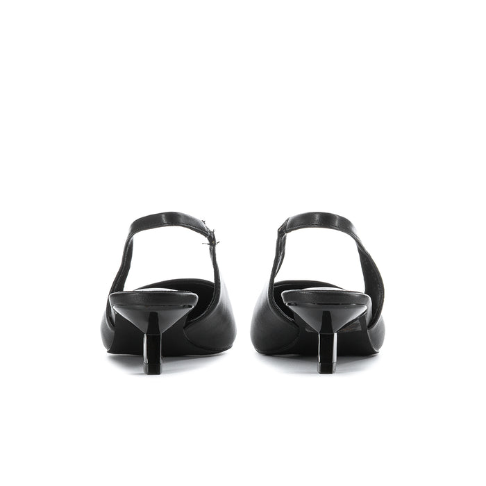 Women's black slingback pumps, back view with sling strap and low heel