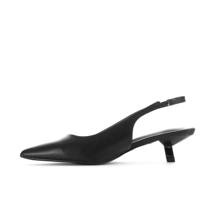 Women's black slingback pump, side profile with pointed toe and low block heel