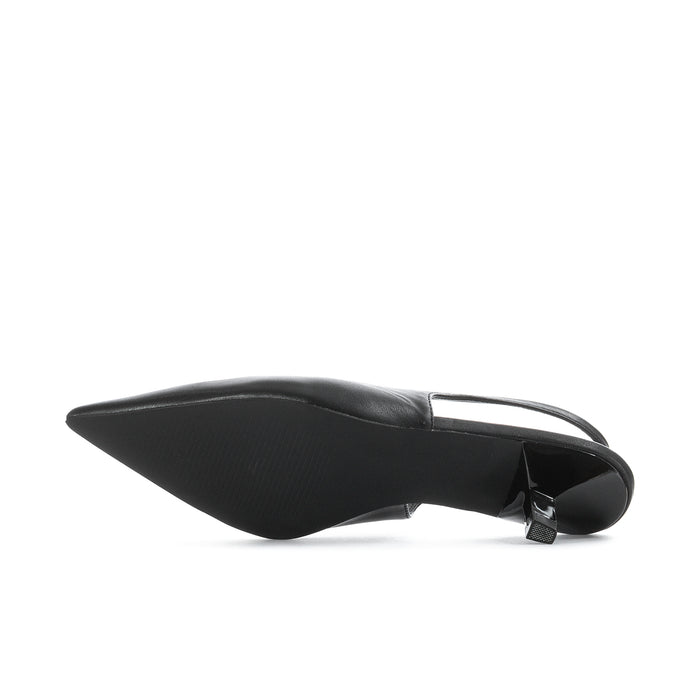 Women's black slingback pump, close side view of pointed toe and heel