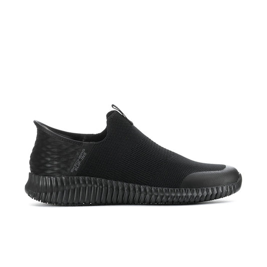 Black men's slip-on sneakers with knit upper and cushioned textured sole