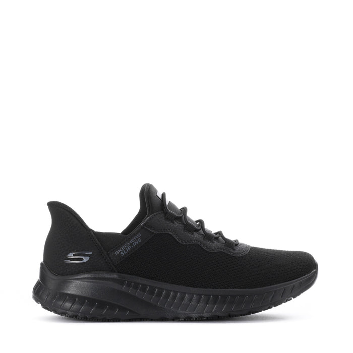 Black lace-up sneakers with knit upper and chunky textured rubber sole, side view