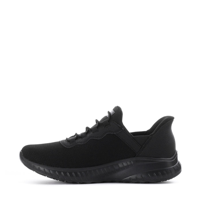 Black lace-up sneakers with elastic collar and chunky textured sole, angled side view