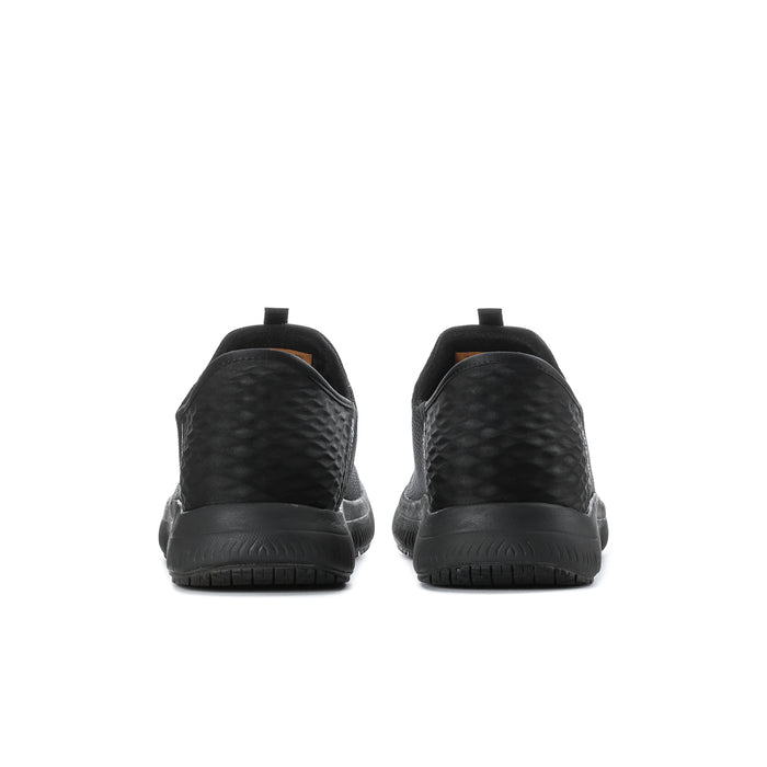 Men's black knit sneaker back view with molded heel panel and rubber outsole