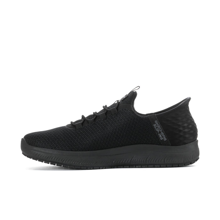 Men's black knit lace-up sneaker side view with textured upper and pull tab