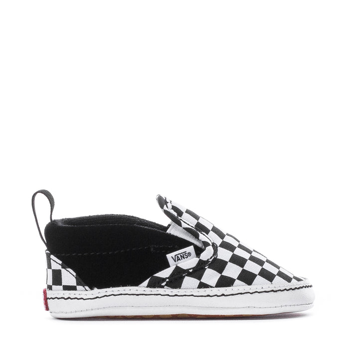 Infant slip-on sneaker in black and white checkerboard, Vans logo patch on side