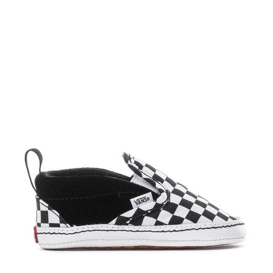Infant slip-on sneaker in black and white checkerboard, Vans logo patch on side
