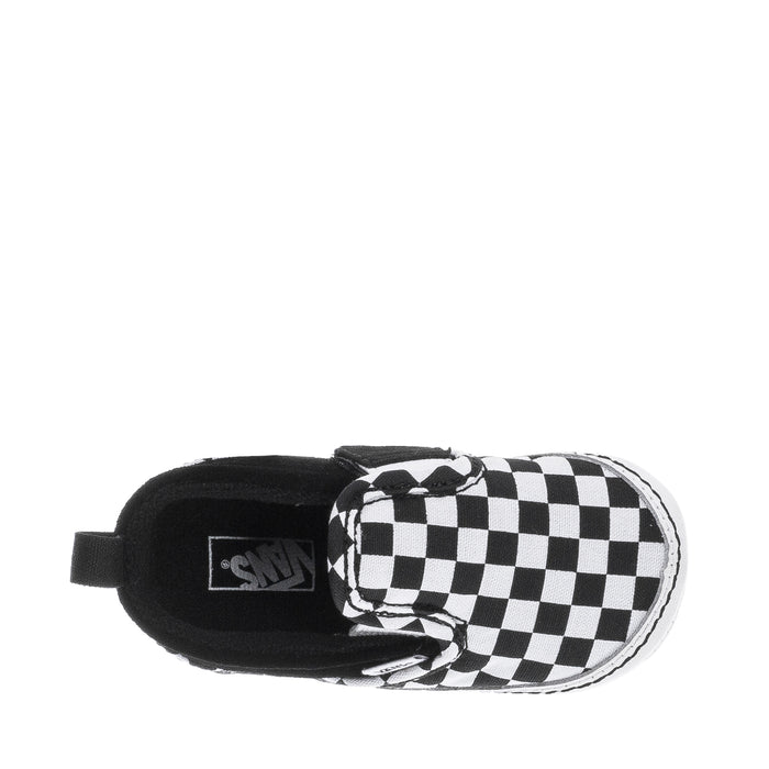 Infant slip-on sneaker with Vans tag and checkerboard fabric at toe