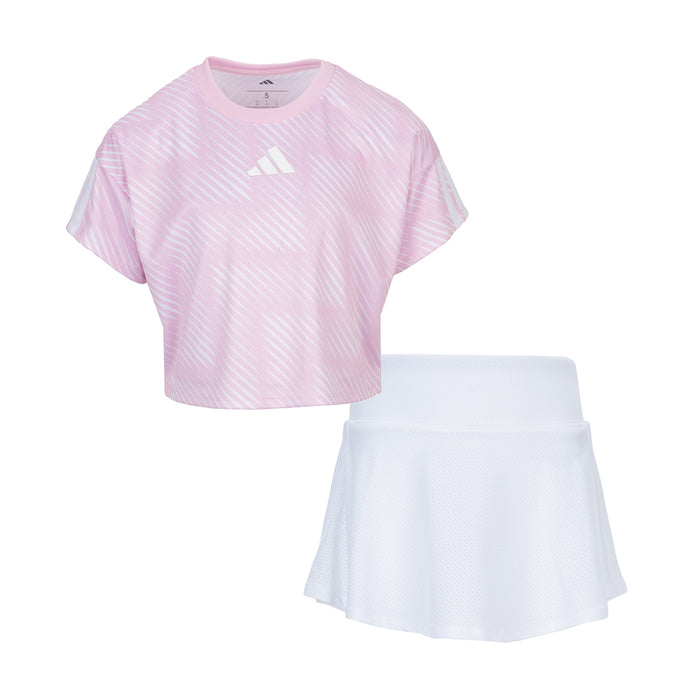 Kids soccer skort set with pink striped jersey top and white skort bottom