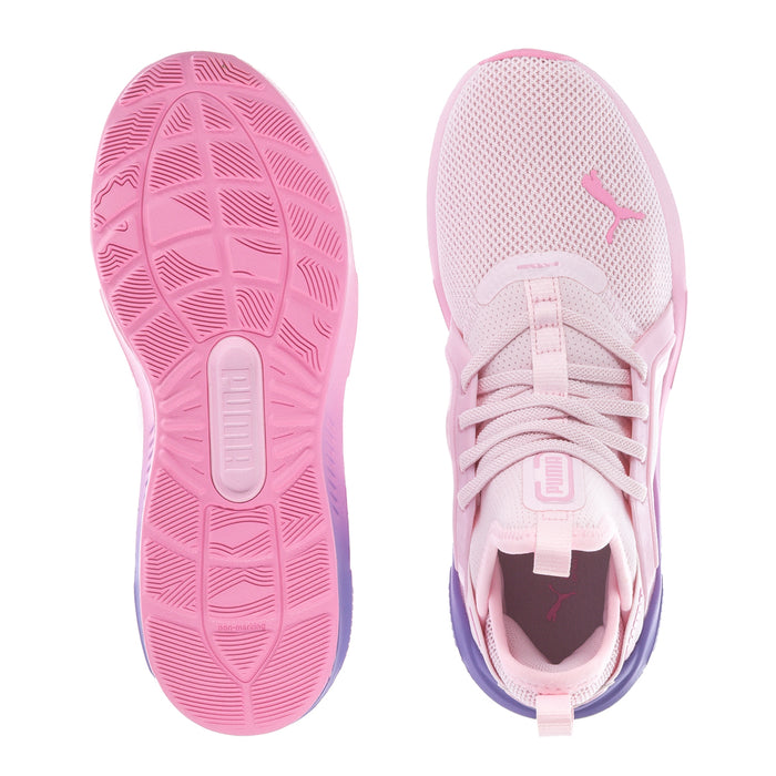 Kids sneakers shown from outsole and interior, pink with lace-up tongue