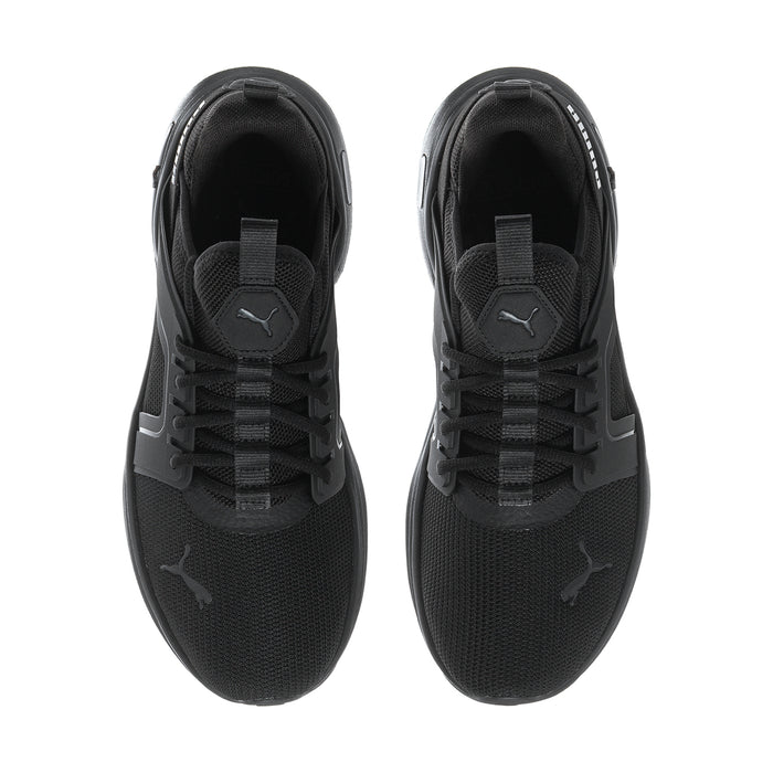 Men's black sneakers pair view with lace-up closure and padded tongue and collar