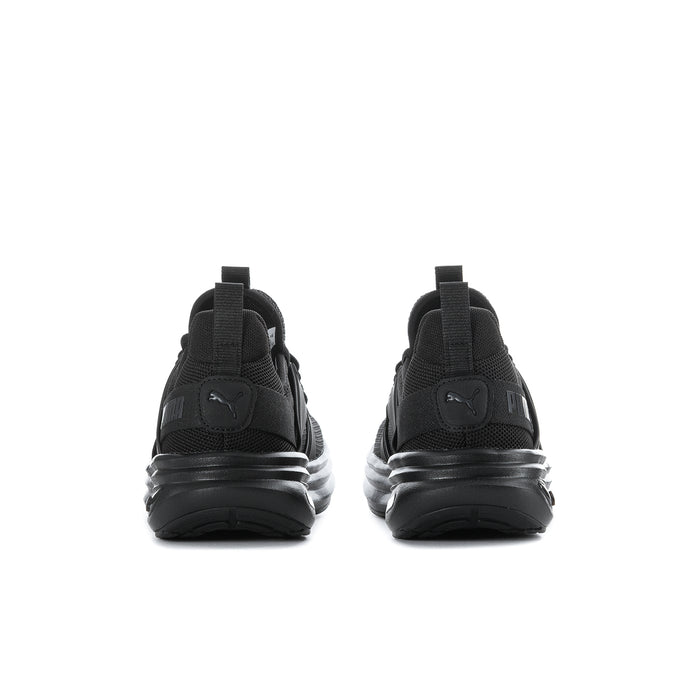 Men's black running sneaker showing heel tab, cushioned collar, and rear logo