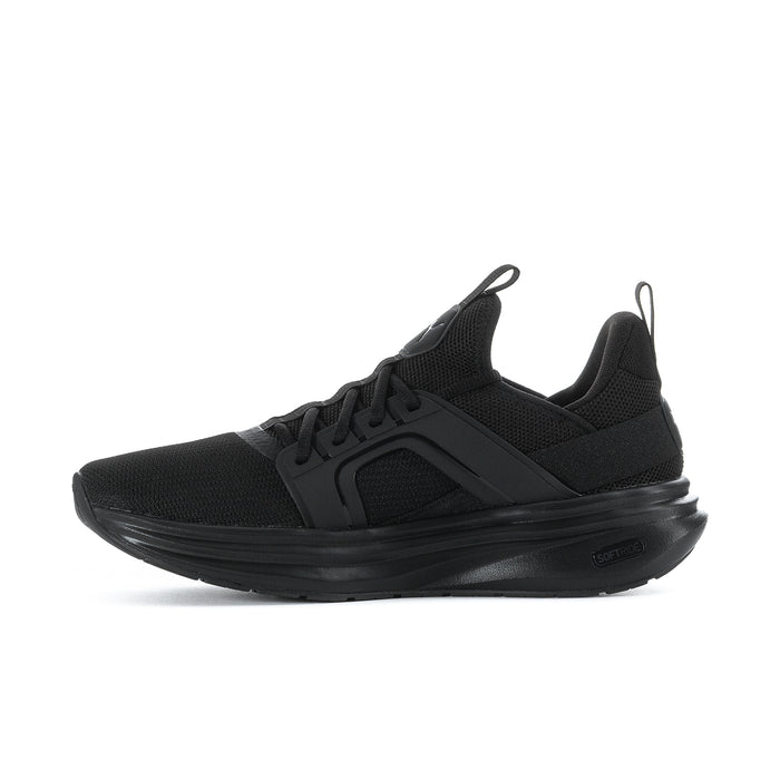 Men's black lace-up running sneaker with side strap detail and thick rubber sole