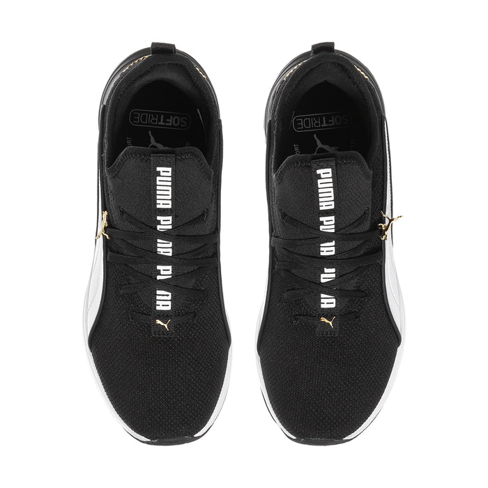 Black knit sneakers with PUMA branding on tongue, lace-up front and padded collar