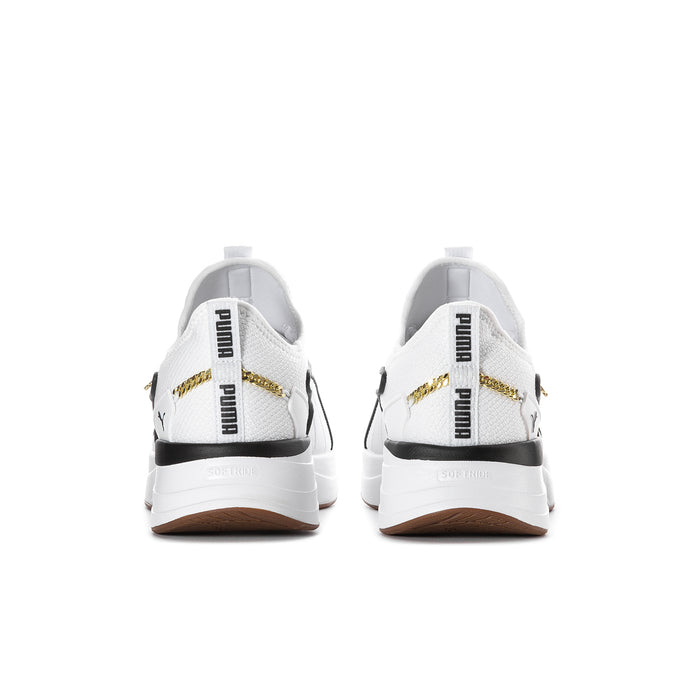 White sneaker heels with black back tab, gold stripe detail, and brown rubber sole.