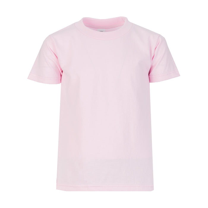 Youth pink crew neck T-shirt with short sleeves, front view