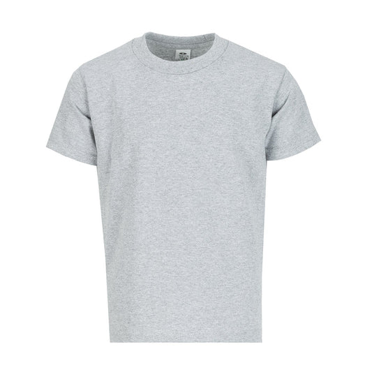 Youth crew-neck T-shirt in heather grey, short sleeves, front view
