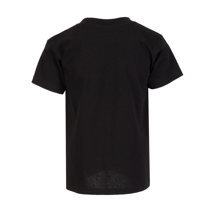 Youth black crew neck T-shirt, short sleeves, solid back view