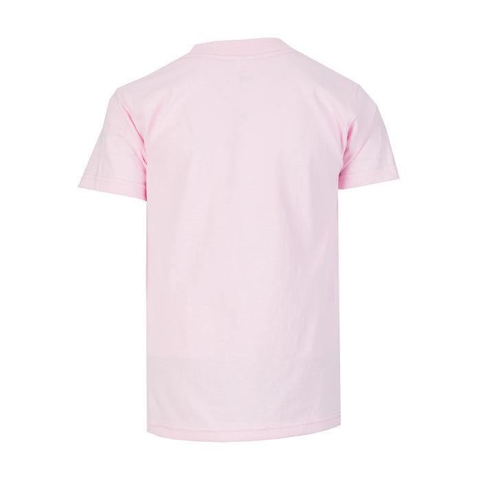 Youth pink crew neck T-shirt with short sleeves, back view