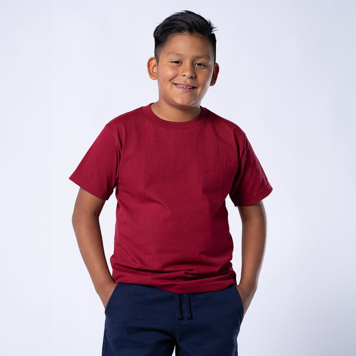 Burgundy youth crew-neck T-shirt, short sleeves, plain design on a child.