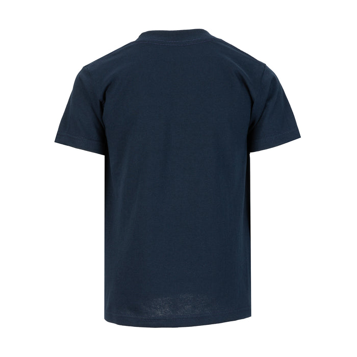 Youth navy solid crew neck T-shirt, back view, short sleeves