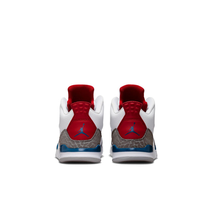 Kids low-top sneakers with red heel lining, gray side panel, white leather, blue trim