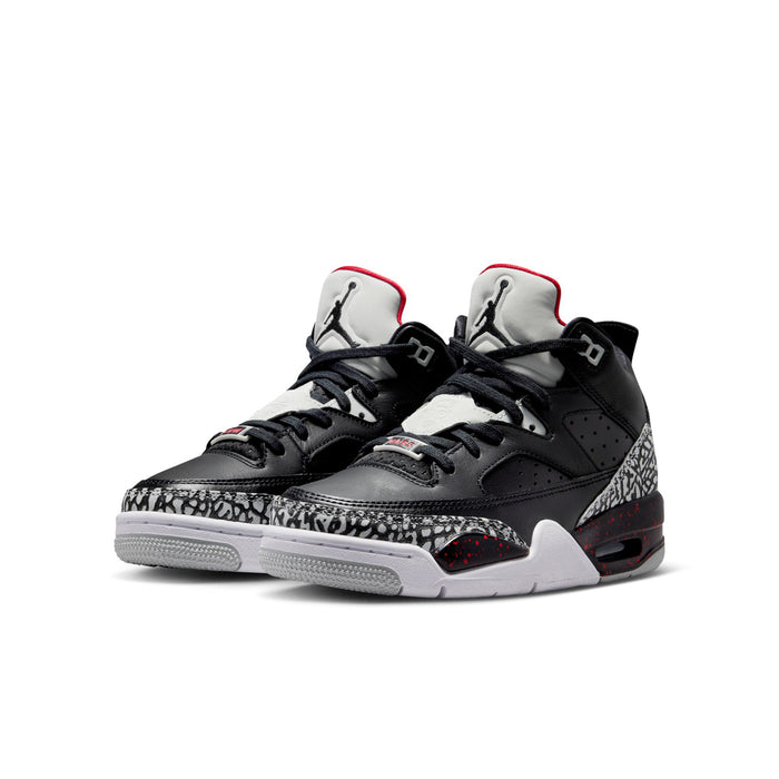 Youth high-top sneakers, black leather with elephant-print toe and red accents, lace-up