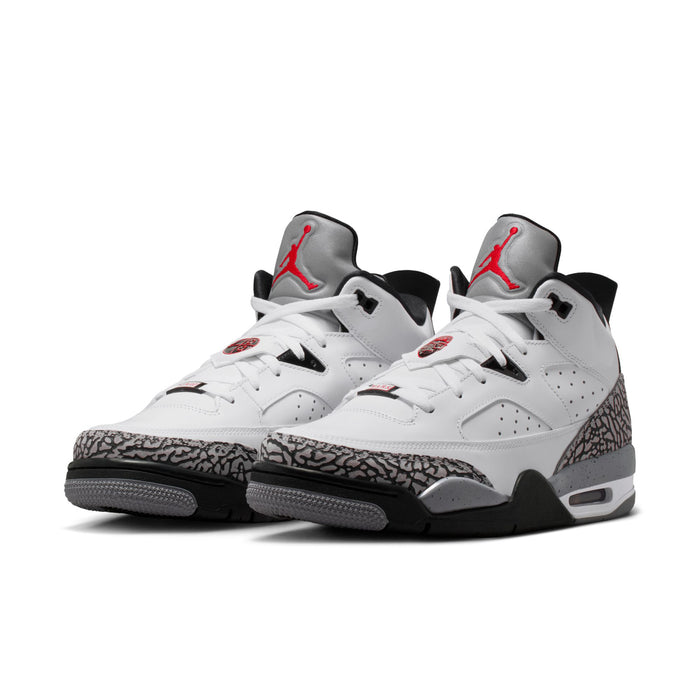 Pair of men's low-top sneakers, white uppers with black soles and red Jumpman heel logos