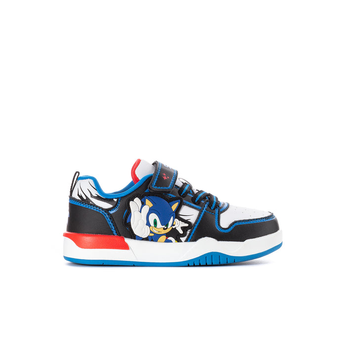 Kids court sneakers in black and blue with Sonic character graphic and red accents