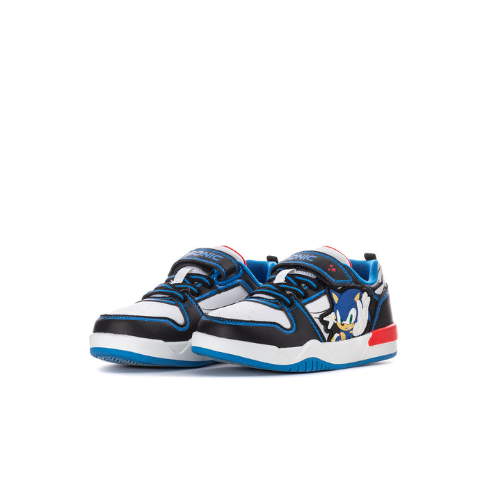 Kids court sneakers, blue and black with Sonic character on side and white/red sole