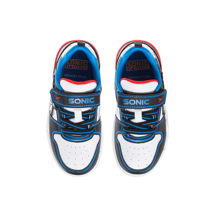 Kids black-and-blue lace-up sneakers with Sonic branding on tongue and heel