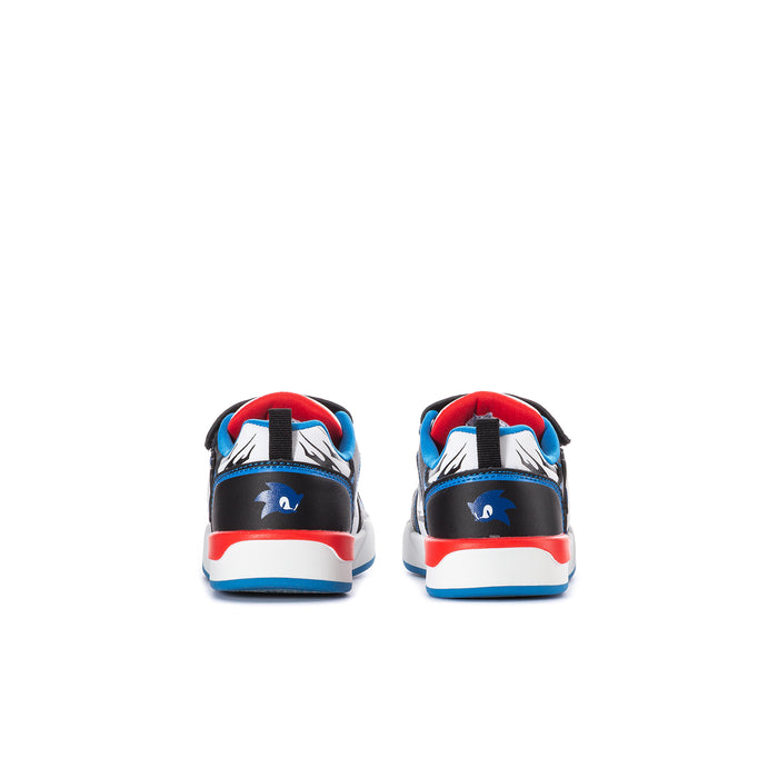 Kids court sneakers with rear Sonic logo, black toe, blue panels, and red heel