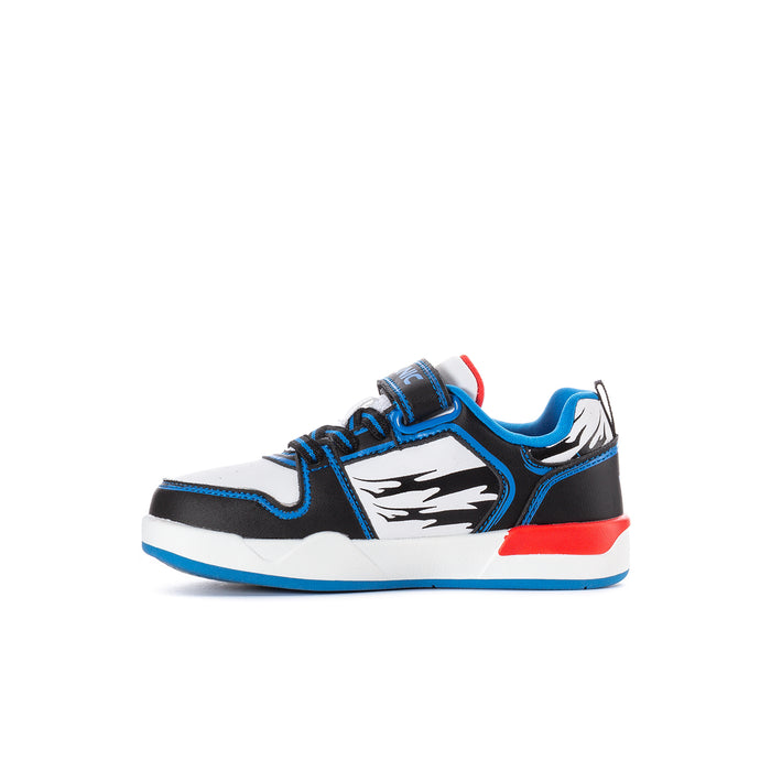 Kids sneakers in black and blue with white lightning graphic and Sonic strap