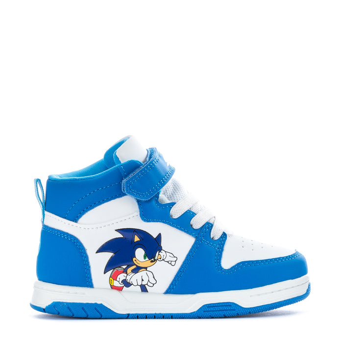 Toddler blue-and-white high-top sneakers with Sonic character logo on side