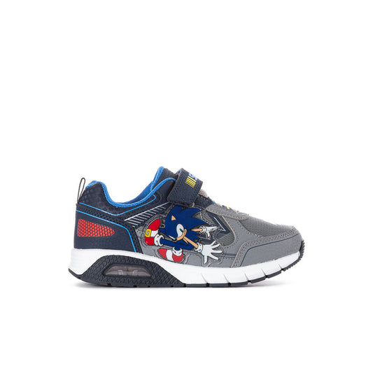 Kids' light-up sneakers, grey with blue accents and Sonic character graphic, hook-and-loop
