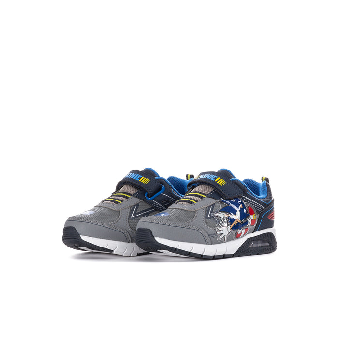 Kids' light-up sneakers in grey and blue with Sonic character print and hook-and-loop strap