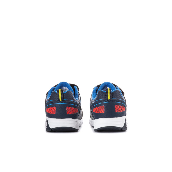 Kids' light-up sneakers with blue heel panels and red light details on back, white soles