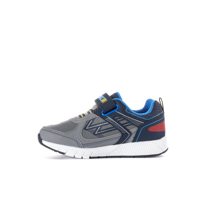 Kids' light-up sneakers, grey upper with blue lining, hook strap, and red accent side panel