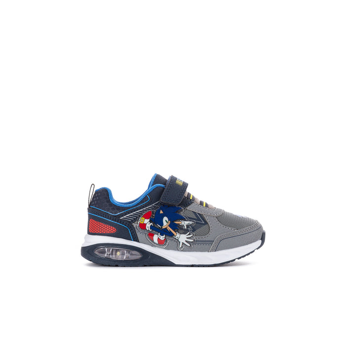 Grey/blue toddler light-up sneakers with Sonic graphic and hook-and-loop strap.