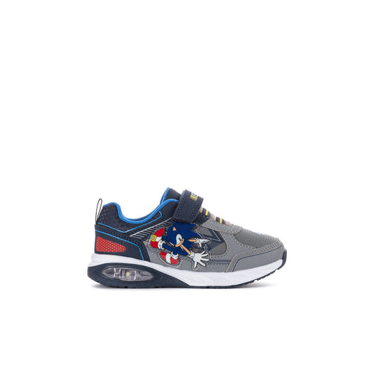 Grey/blue toddler light-up sneakers with Sonic graphic and hook-and-loop strap.