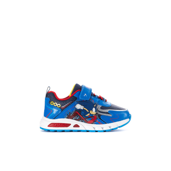 Toddler light-up sneakers, blue with red accents and cartoon Sonic detail.
