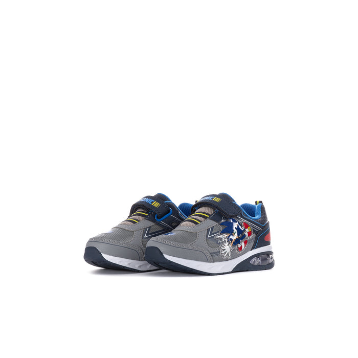 Grey/blue toddler light-up sneakers with Sonic print on side and hook strap.
