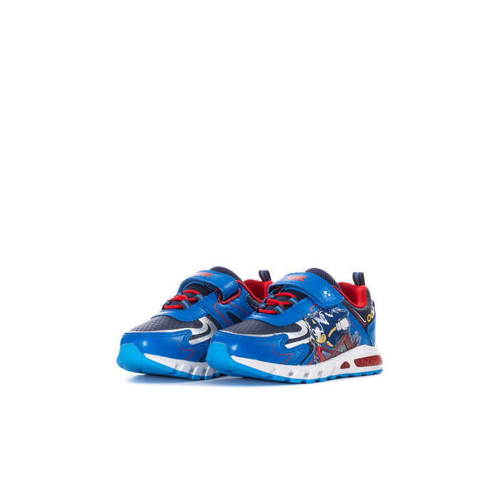 Toddler light-up sneakers in blue and red with patterned side panels.